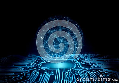 Abstract technology background. perspective circuit board with glowing energy at center and wire frame mesh global sphere Stock Photo