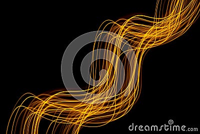 Abstract technology banner design. Long exposure light painting. Vibrant digital yellow neon lines on black background. Stock Photo