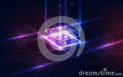 Abstract technology chip processor background circuit board and html code,3D illustration blue technology background vector. Vector Illustration