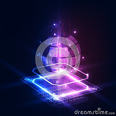 Abstract technology chip processor background circuit board and html code,3D illustration blue technology background vector. Vector Illustration