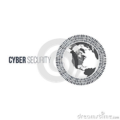 abstract technology concept cyber security with circle world and digital binary circles around it. Vector illustration isolated on Cartoon Illustration