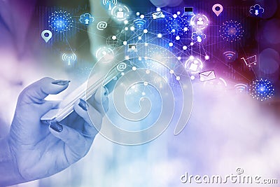 Abstract technology connection woman hand holding smart phone with social media icon Stock Photo