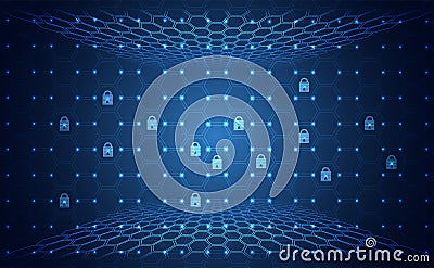 Abstract technology cyber security privacy information network concept padlock protection digital network internet link on hi tech Vector Illustration