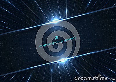 Abstract technology futuristic digital concept perspective grid and lighting effect glowing particles dots elements circle on dark Vector Illustration