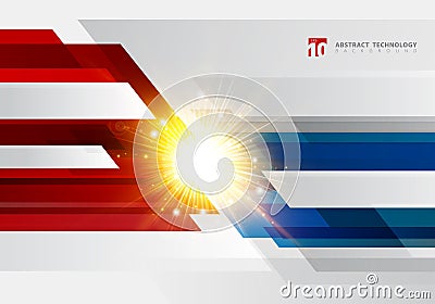 Abstract technology geometric red and blue color shiny motion background with light explosion. Template with header and footer for Vector Illustration