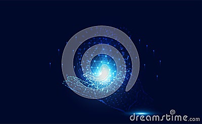 Abstract technology line wireframe hand and world circle low poly future modern concept currency stock exchangeon on hi tech blue Vector Illustration