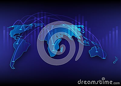 Abstract technology perspective map Glowing blue with curved lines and binary numbers connecting each continent. Vector Illustration