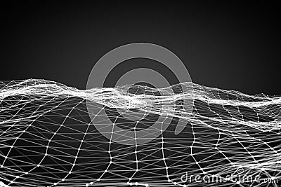 abstract technology plexus white dynamic digital surface on black background, geometrical shape with white triangle particles Stock Photo