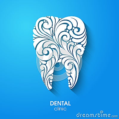 Abstract teeth silhouette. Ornate floral white tooth symbol on blue background. Medical dentist dental clinic sign icon logo. Vector Illustration