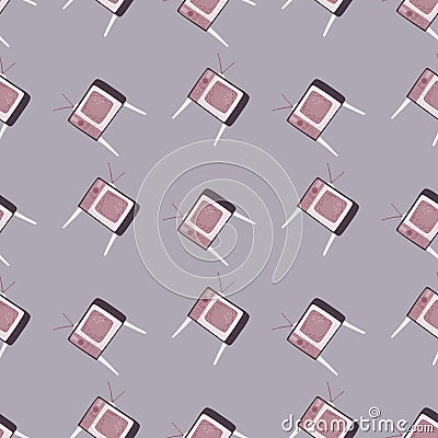 Abstract television seamless pattern with little vintage tv ornament. Lilac background Cartoon Illustration