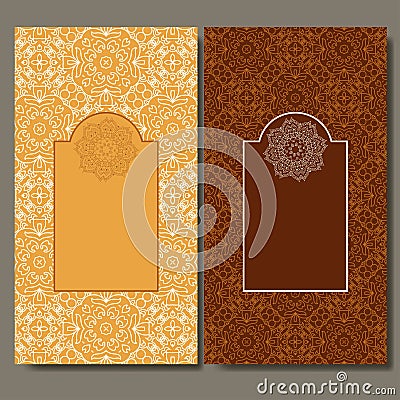 Abstract template set of cards. Frame pattern invitation with place for text. Lace ornament, mandala. Arabic, Islam design element Vector Illustration