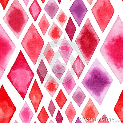 Abstract tender wonderful transparent bright red pink rhombuses different shapes pattern watercolor hand illustration Cartoon Illustration