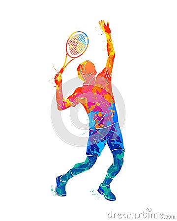 Abstract tennis player with a racket from splash of watercolors Vector Illustration
