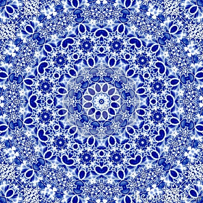 Decorative abstract textile Snowflake Ornament in russian traditional blue colors of gzhel with effect of embroidery richelieu Stock Photo