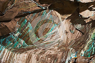 Abstract texture of the oxidated copper on the walls of the underground copper mine in Roros, Norway. Stock Photo