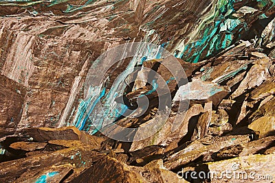 Abstract texture of the oxidated copper on the walls of the underground copper mine in Roros, Norway. Stock Photo