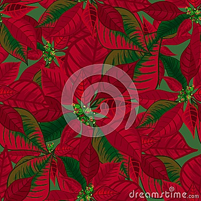 Abstract texture with poinsettia. Seamless pattern with Christmas flower bouquet ornament Cartoon Illustration