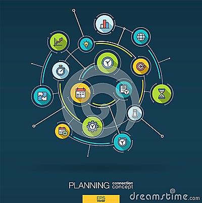 Abstract time management, planning background. Digital connect system with integrated circles, flat thin line icons Vector Illustration