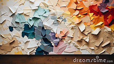 Abstract Torn Paper Collage on Minimalist Wooden Table Stock Photo