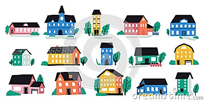 Abstract town buildings. Doodle city houses with tiny roofs, windows and small brick elements. Urban architecture Vector Illustration