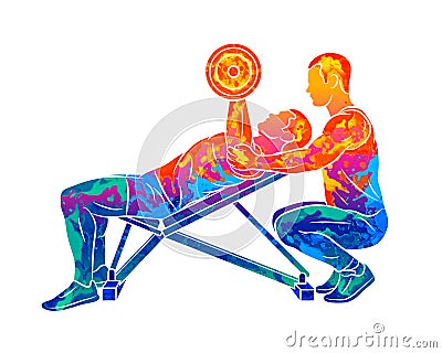 Abstract trainer helps a man to train his chest with dumbbells on the bench press Vector Illustration
