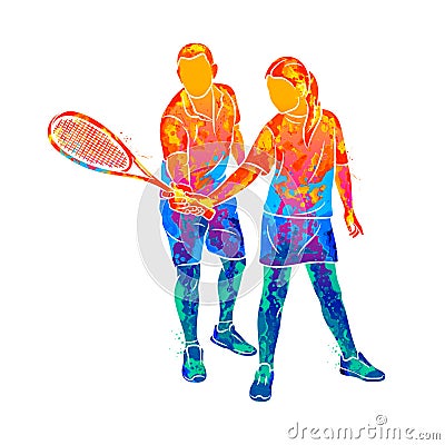 Abstract trainer helps a young woman do an exercise with a racket on her right hand in squash Vector Illustration