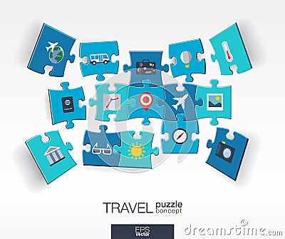 Abstract travel background with connected color puzzles, integrated flat icons. 3d infographic concept with Airplan, luggage, Vector Illustration