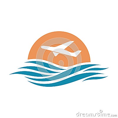 Abstract travel logo with aircraft and ocean. Vector Illustration