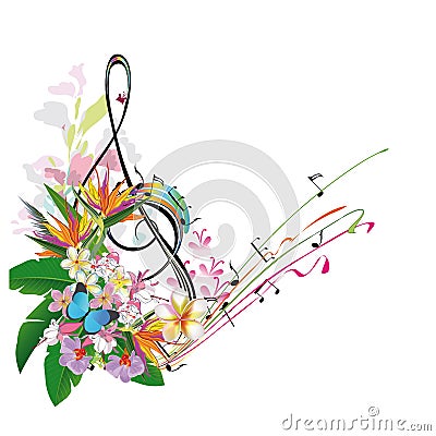 Abstract treble clef decorated with leaves and flowers. Vector Illustration