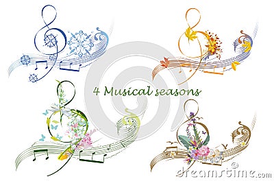 Abstract treble clef decorated with summer, autumn, winter and spring decorations: flowers, leaves, notes, birds. Vector Illustration