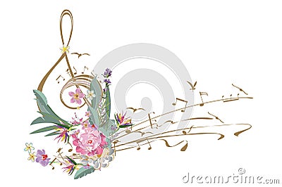 Abstract treble clef decorated with summer and spring flowers. Vector Illustration