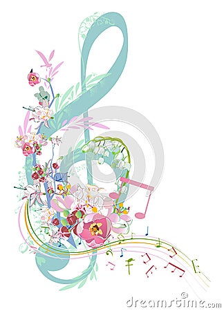 Abstract treble clef decorated with summer and spring flowers, notes. Vector Illustration