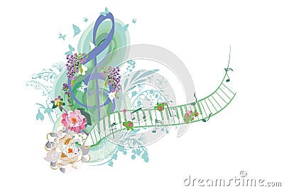 Abstract treble clef decorated with summer and spring flowers, palm leaves, notes, birds. Vector Illustration