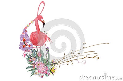 Abstract treble clef decorated with summer and spring flowers, palm leaves, notes, birds. Vector Illustration