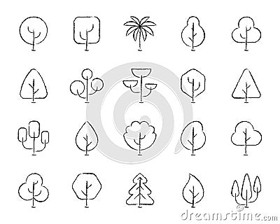 Abstract Tree charcoal draw line icons vector set Vector Illustration