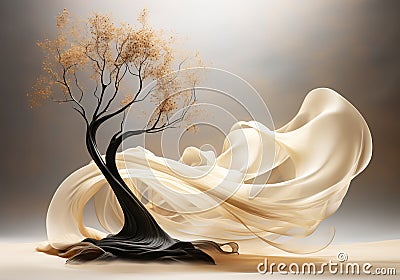Abstract tree covered with floating muslin that merges with smoke. Conceptual digital art style. Surrealism. AI generative Stock Photo