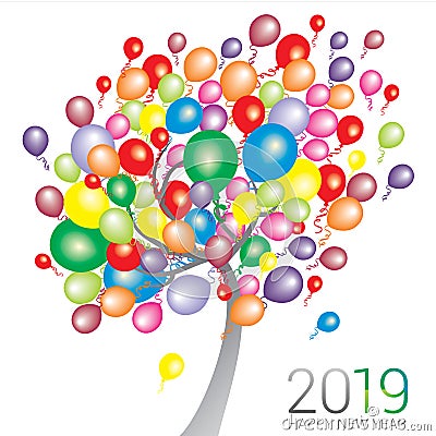 Abstract tree with multi color balloons with the text Happy New Year 2019 Stock Photo