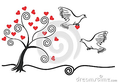 Abstract tree with,pigeon,heart Vector Illustration