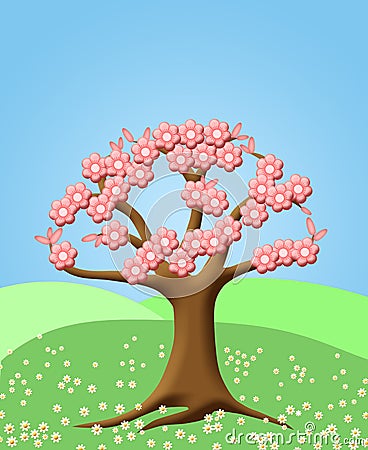 Abstract Tree with Spring Cherry Blossom Flowers Stock Photo