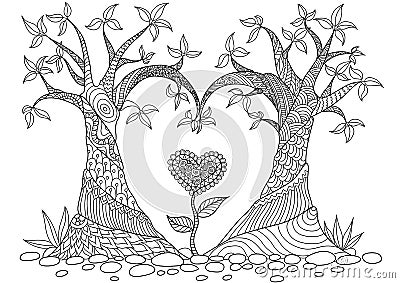 Abstract trees in heart shape line art design for coloring book Vector Illustration