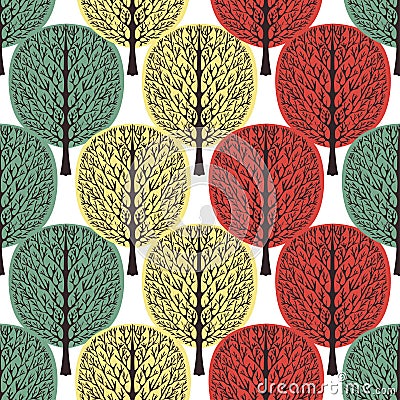 Abstract trees seamless pattern, stylized forest, vintage drawing. Ornate trunks with branches and green, yellow and orange crown Vector Illustration