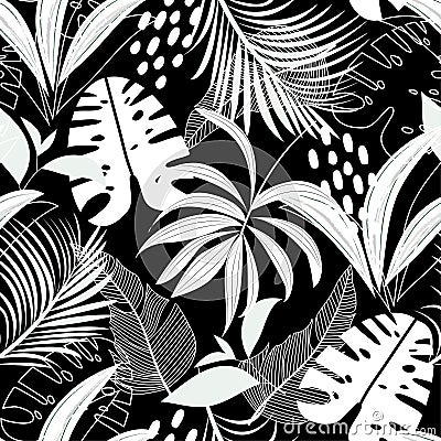 Abstract trend seamless pattern with bright tropical leaves and plants. Vector design. Jungle print. Floral background. Printing a Vector Illustration