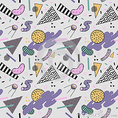 Abstract Trendy Memphis Seamless Pattern. Space Geometric Shapes Background. Retro Vintage Fashion Print 80s 90s Vector Illustration