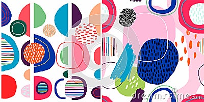 Abstract trendy seamless patterns set with hand drawn colorful shapes Vector Illustration