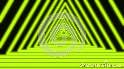 Abstract triangle tunnel composed of bright lime-yellow neon light lines. Black background futuristic neon tunnel. 3d Stock Photo