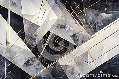 Abstract triangular shapes in gray and black, with sharp edges and contrasting gold lines creating a Stock Photo