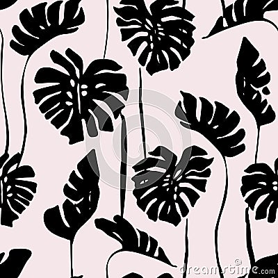 Abstract tropical art seamless pattern. Monstera and palm leaves silhouettes, line art background Vector Illustration