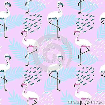 ABSTRACT TROPICAL TEXTURE. PALM LEAF AND FLAMINGO. HAND DRAW COMPOSITION OF SUMMER FEELING SEAMLESS VECTOR PATTERN. Vector Illustration