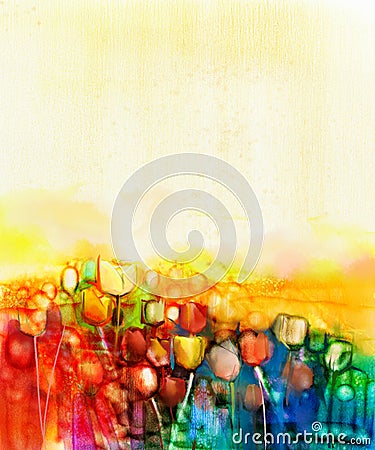 Abstract tulip flower field watercolor painting Stock Photo