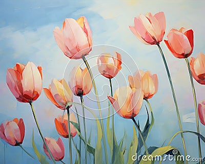 The abstract tulips flowers oil pnting with the blue sky. Cartoon Illustration